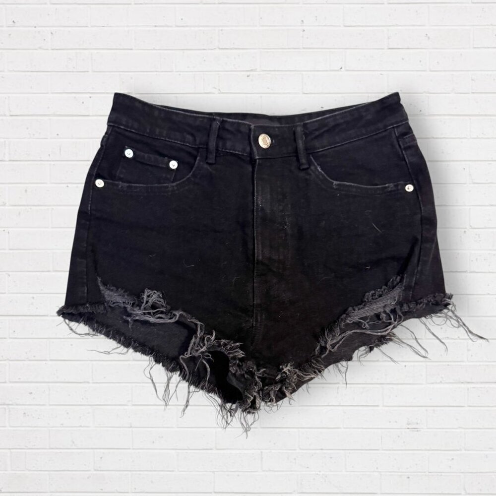 ZARA Black Distressed High Waist Frayed Hem Denim Shorts Women's Size 6 / 28